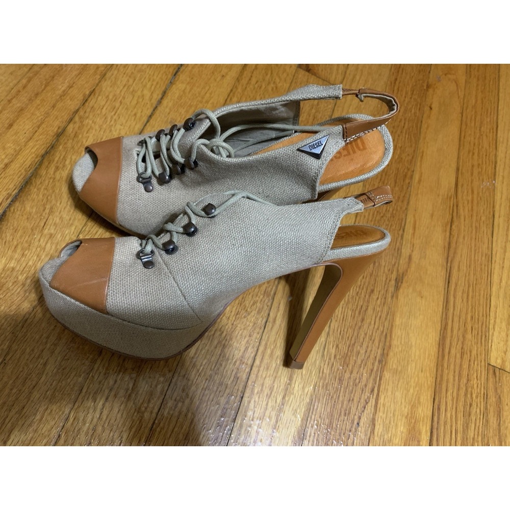 DIESEL Canvas Leather Renasant Heels Shoes Lace Up Booties Sandals Sz 398.5